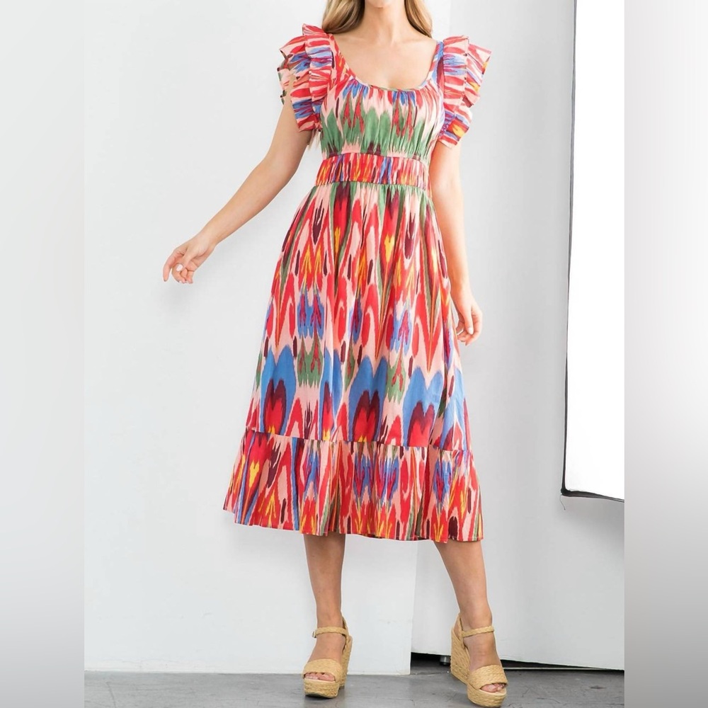THML Multicolor Ikat-Style Summer Dress in Blue and Coral